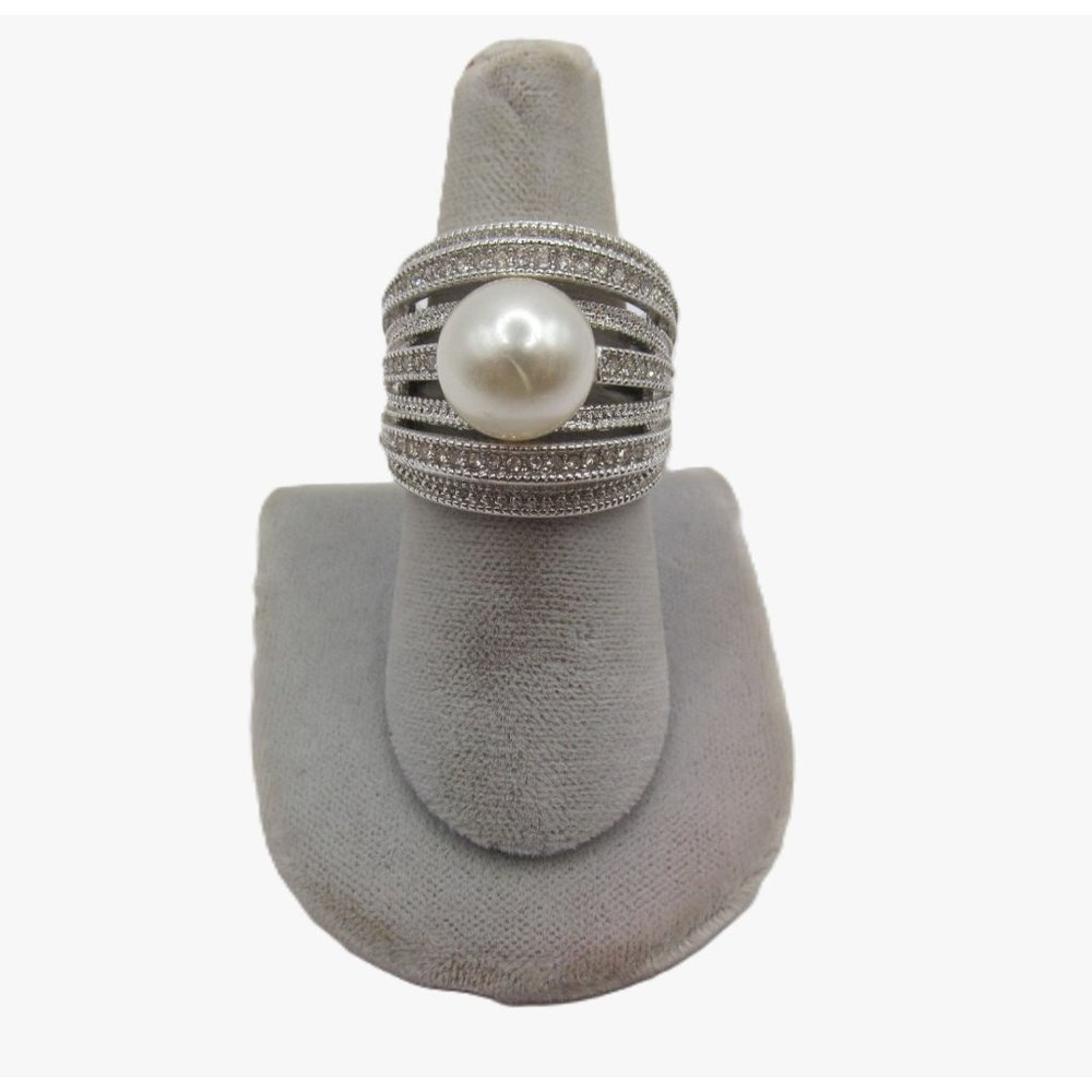 Faux Pearl 7 Tier Band Rhinestone Cocktail Ring signed NVC